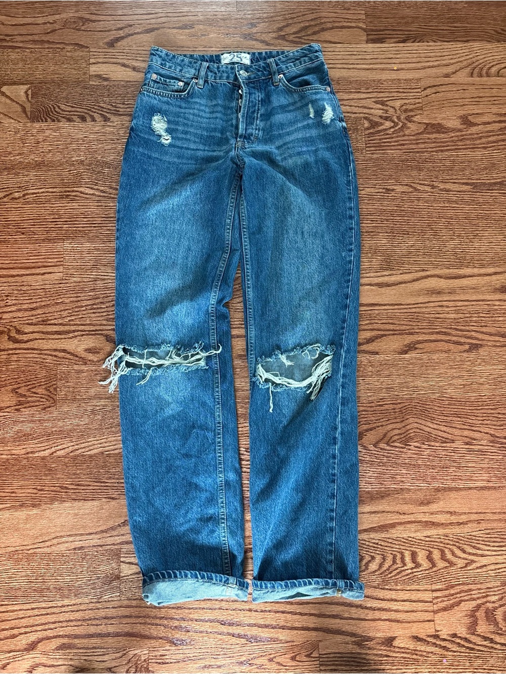 Free People Distressed Blue Straight-Leg Jeans